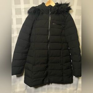 Women’s Long Black Puffer Coat with Faux Fur Hood, size M